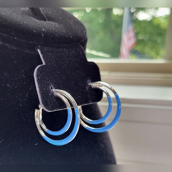 Periwinkle Blue and Silver Hoop Earrings / Pierced - Picture 2 of 5
